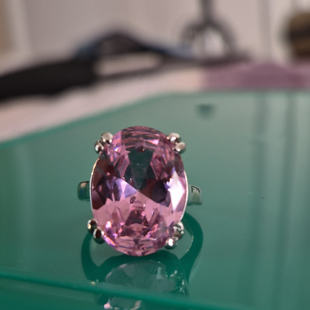Pink Crystal Oval Cut Silver Plated Claw Prong Cocktail Statement Ring Sz 7